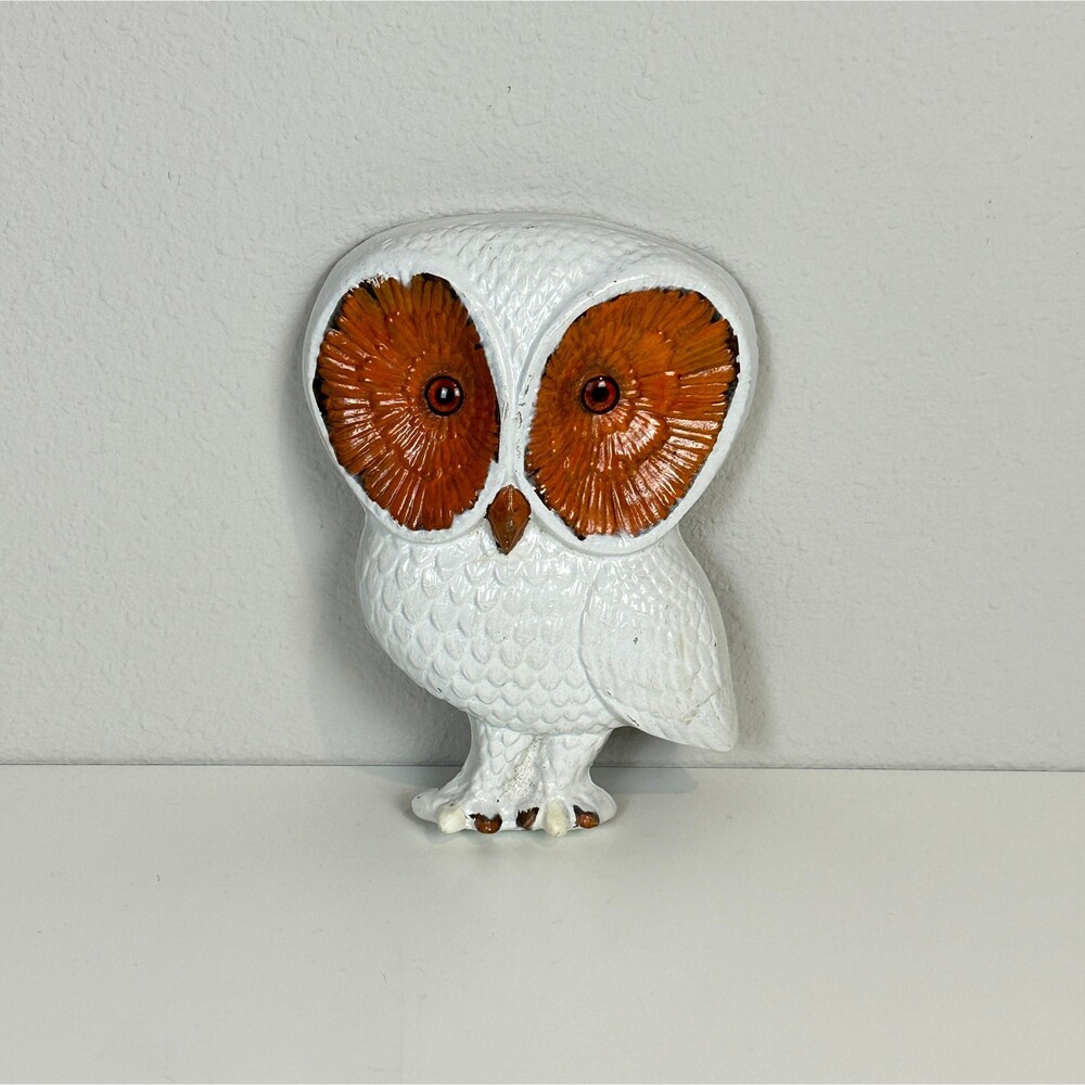 Vintage Chalkware Owl Wall Hanging White Brown 70s Boho Nature